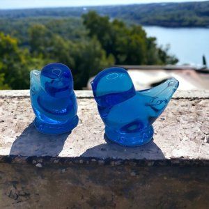 2 VTG Sunny Day Bluebird Of Happiness Art Glass Figurines Signed Ron Ray 1997